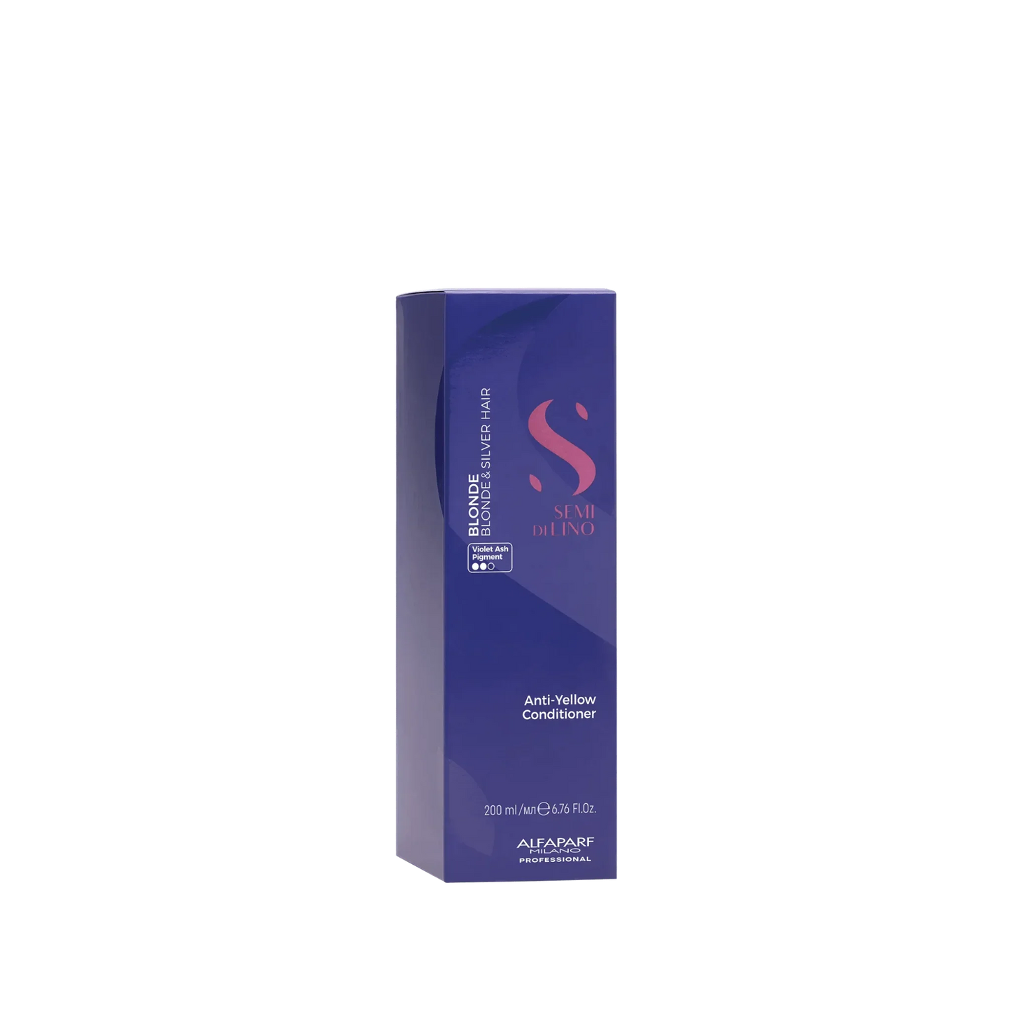 Blue Alfaparf Semi Di Lino anti-yellow conditioner box for blonde and silver hair, 200ml.