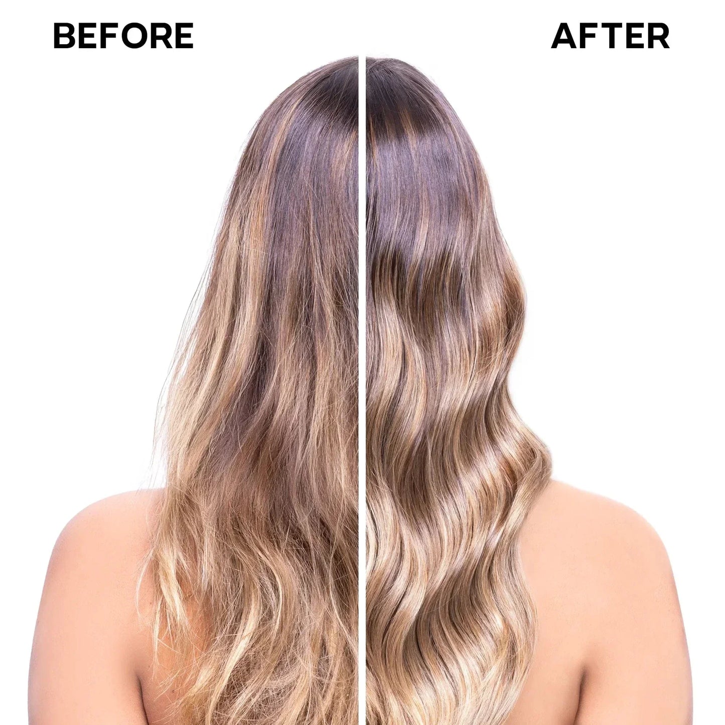 Before and after comparison showing dry hair versus smooth, shiny, healthy-looking hair results.