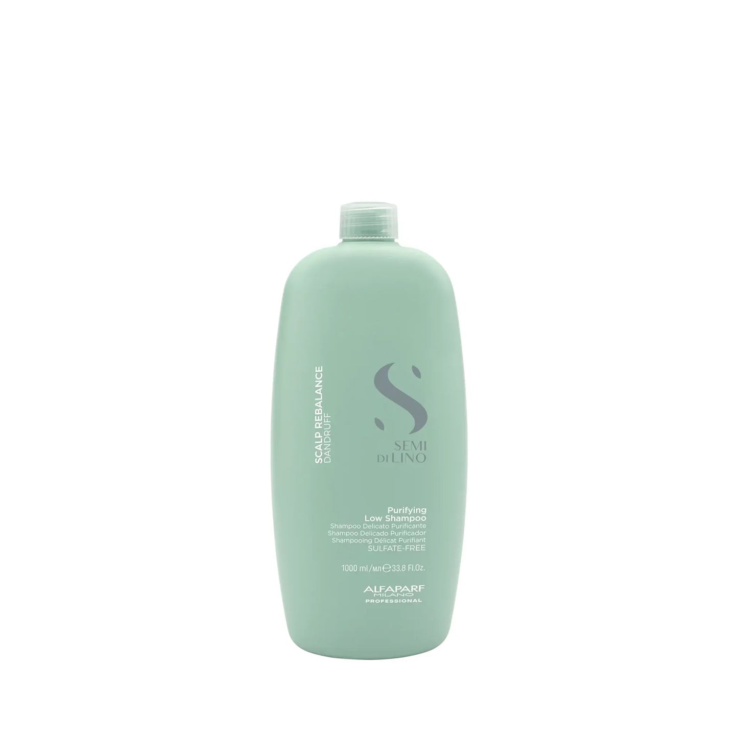 Mint green bottle of Alfaparf Semi Di Lino Scalp Rebalance Purifying Low Shampoo for dandruff