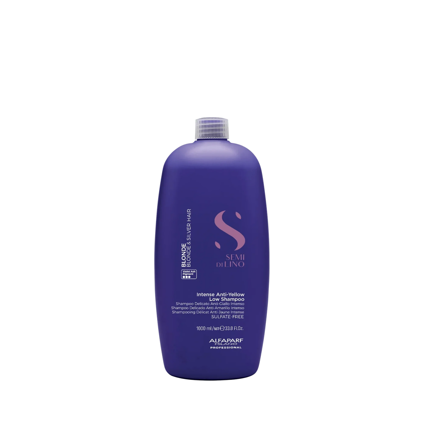 Purple Alfaparf anti-yellow low shampoo bottle for blonde and silver hair, 1000ml.