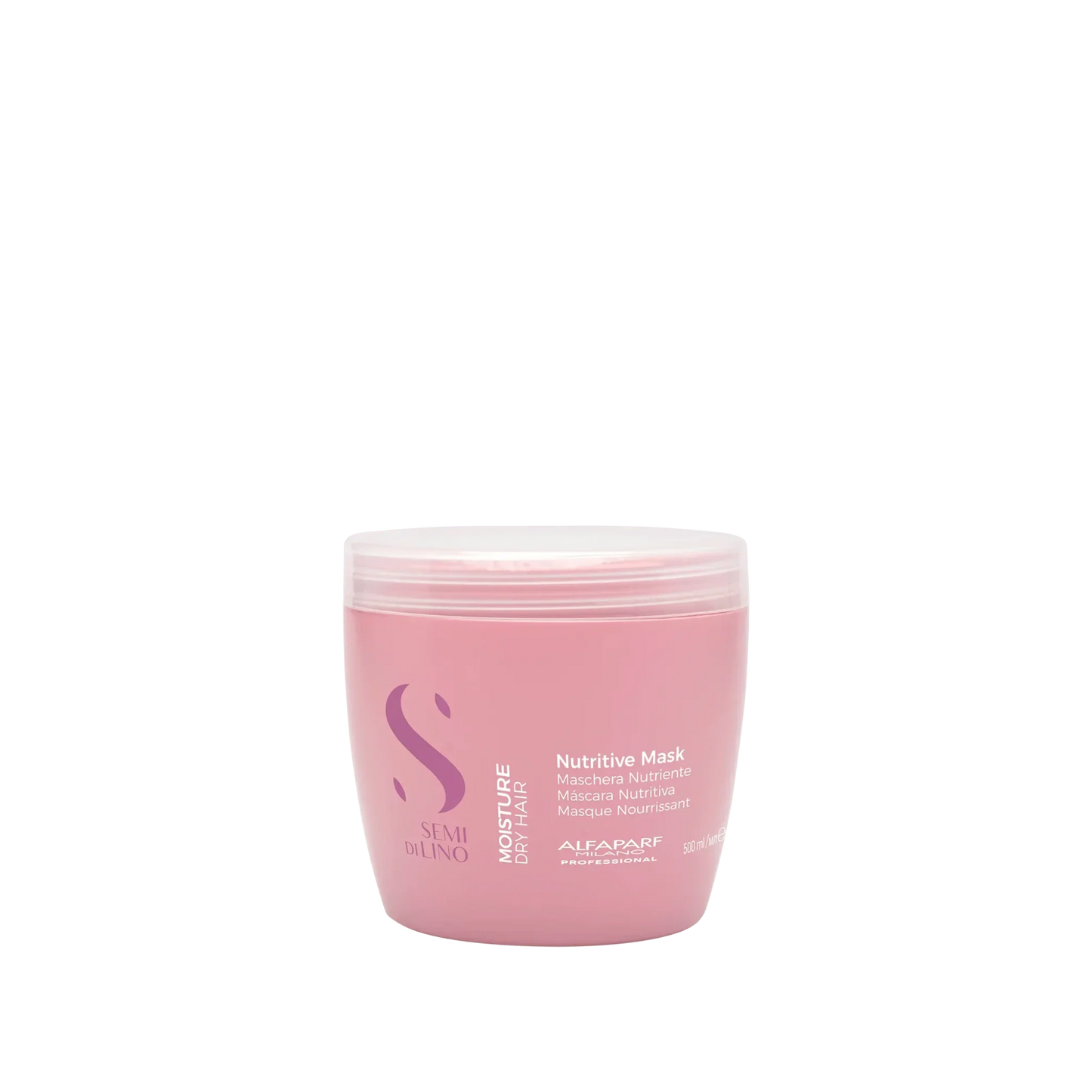 Pink jar of Alfaparf Semi Di Lino Moisture Nutritive Mask for dry hair, 500 ml