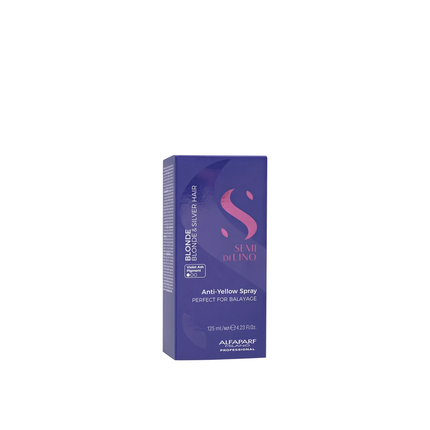 Purple box of Semi di Lino Anti-Yellow Spray for blonde and silver hair, 125ml.