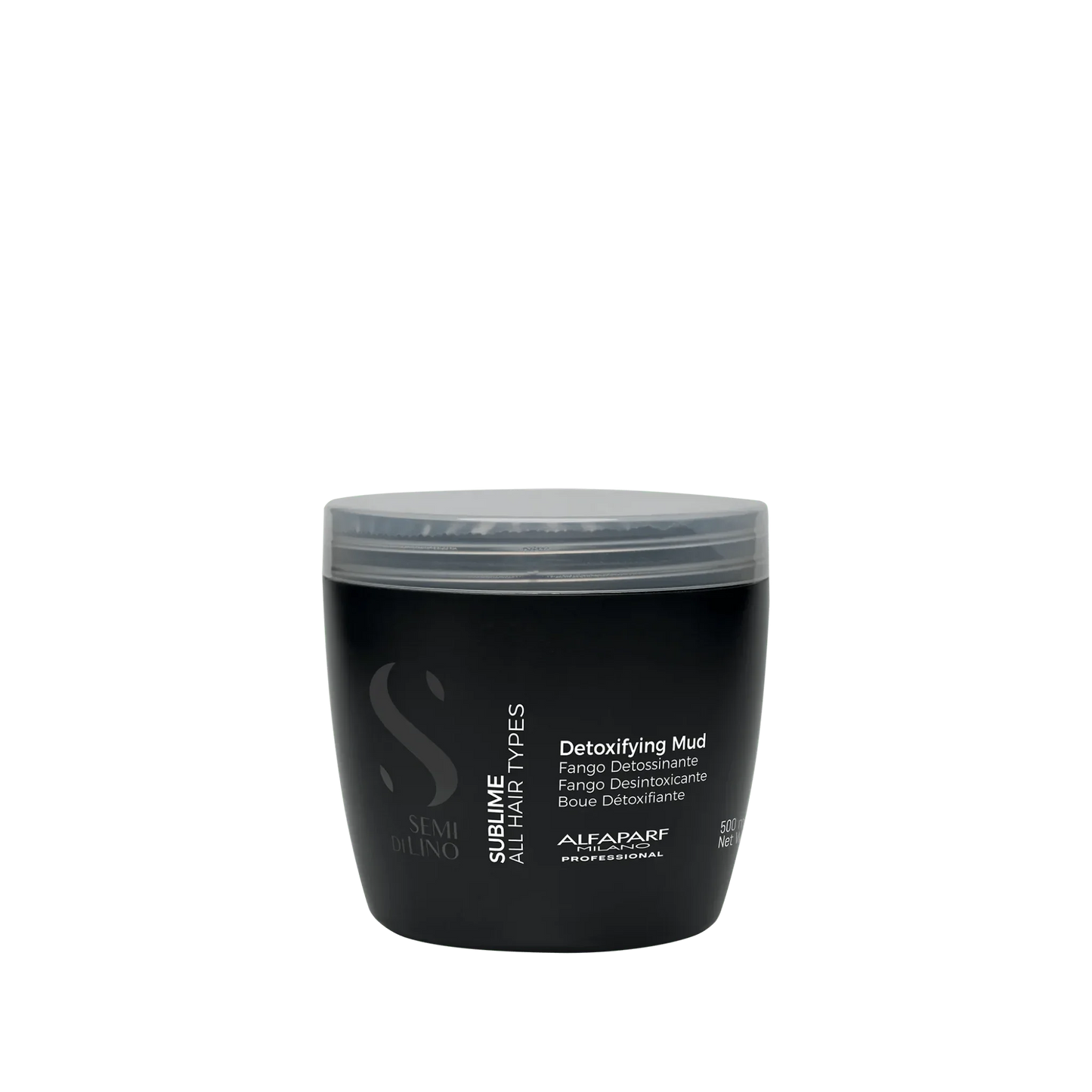 Alfaparf Detoxifying Mud hair treatment in a black 500ml jar with gray lid