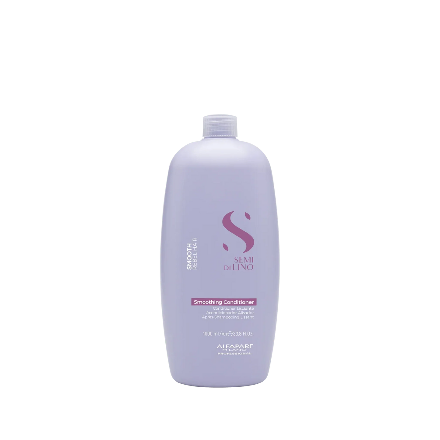 Large lavender bottle of smoothing conditioner for rebel hair, 1000ml, with visible text and logo.