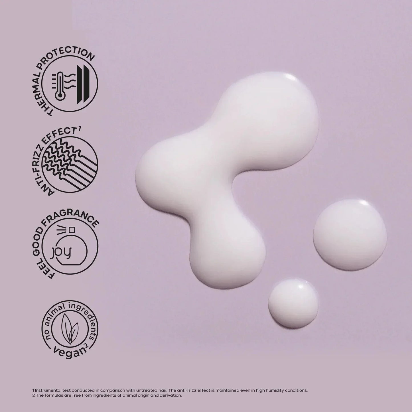 White detangling primer liquid drops on a purple background with thermal protection, anti-frizz, vegan, and fragrance icons.