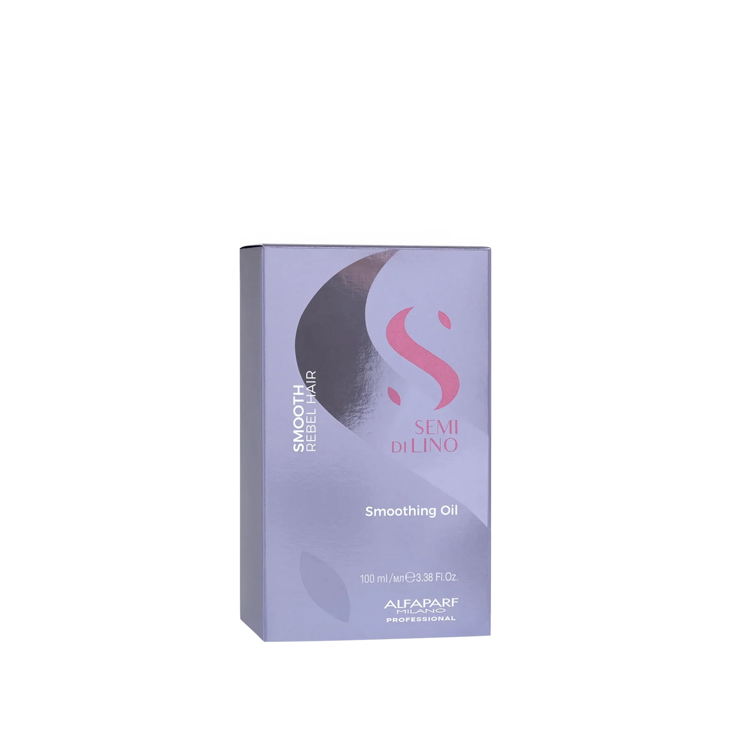 Box of Alfaparf Semi Di Lino Smoothing Oil for hair, 100ml, on plain background