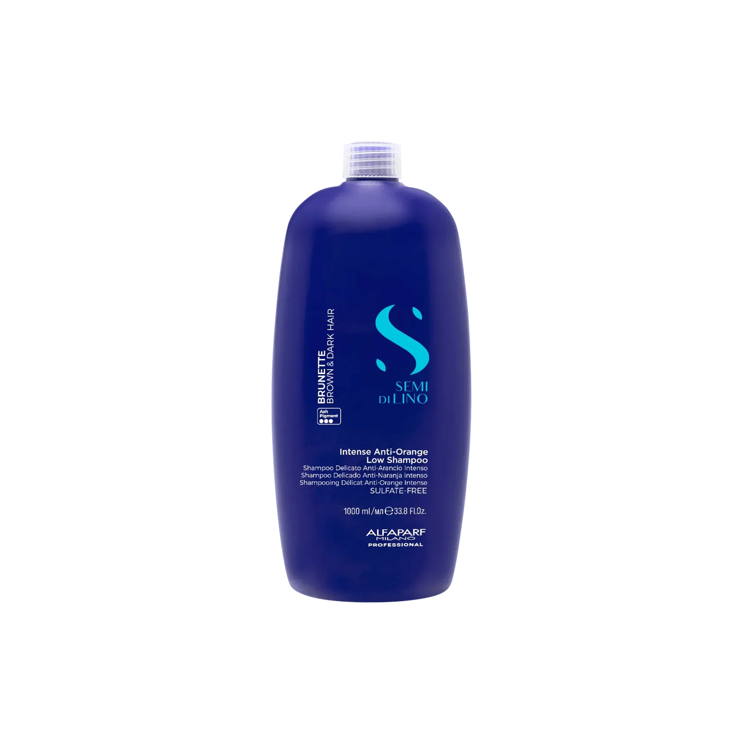 Blue 1000ml bottle of Alfaparf Semi Di Lino intense anti-orange low shampoo for brunette hair