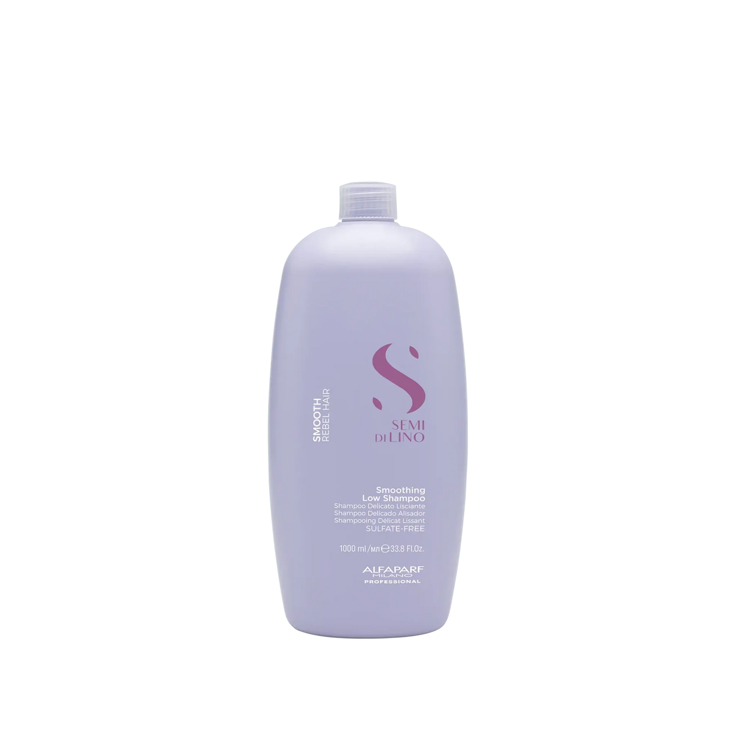 Light purple 1 liter bottle of Alfaparf Semi Di Lino Smoothing Low Shampoo