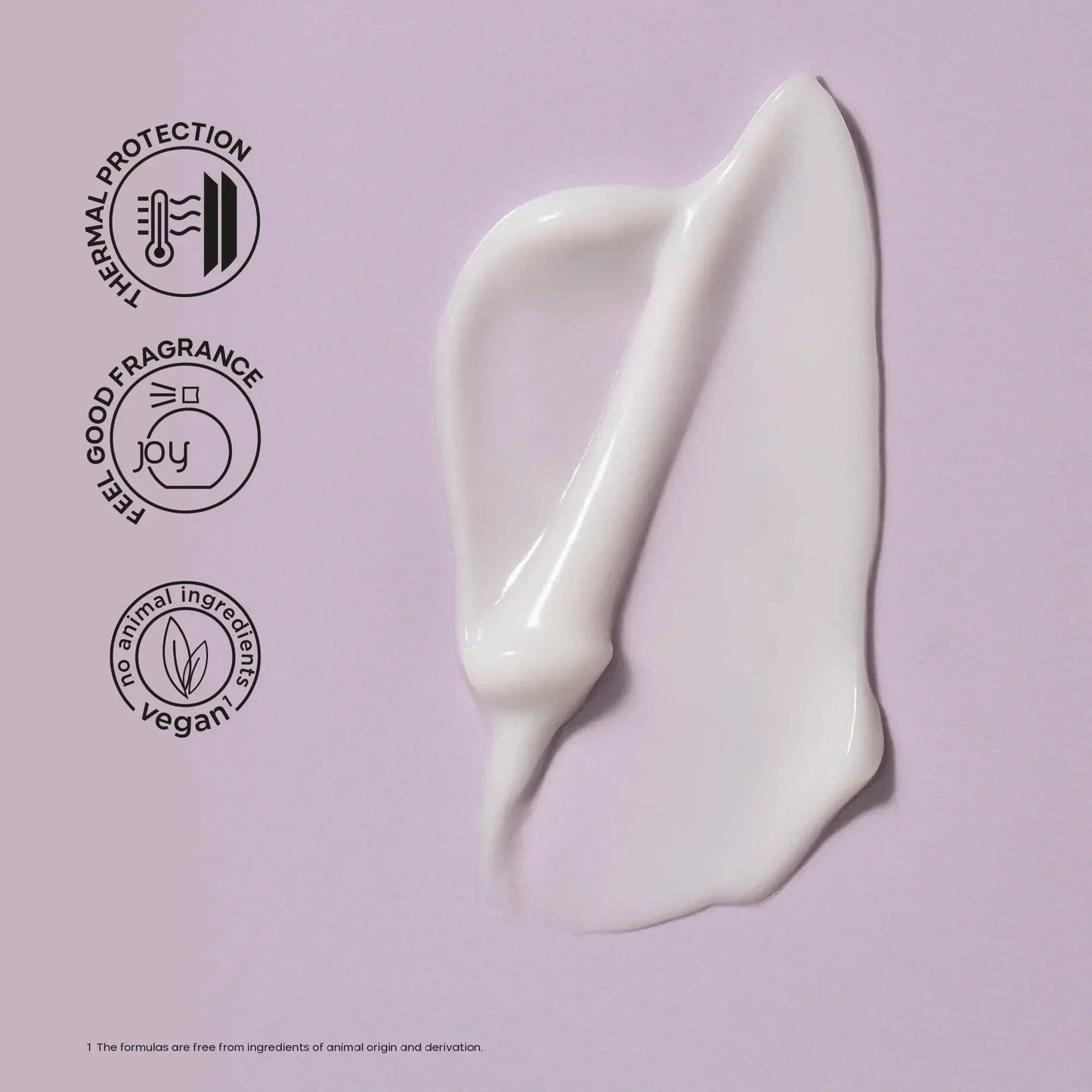 White texturizing hair balm with creamy texture on lilac background, vegan and thermal protection icons
