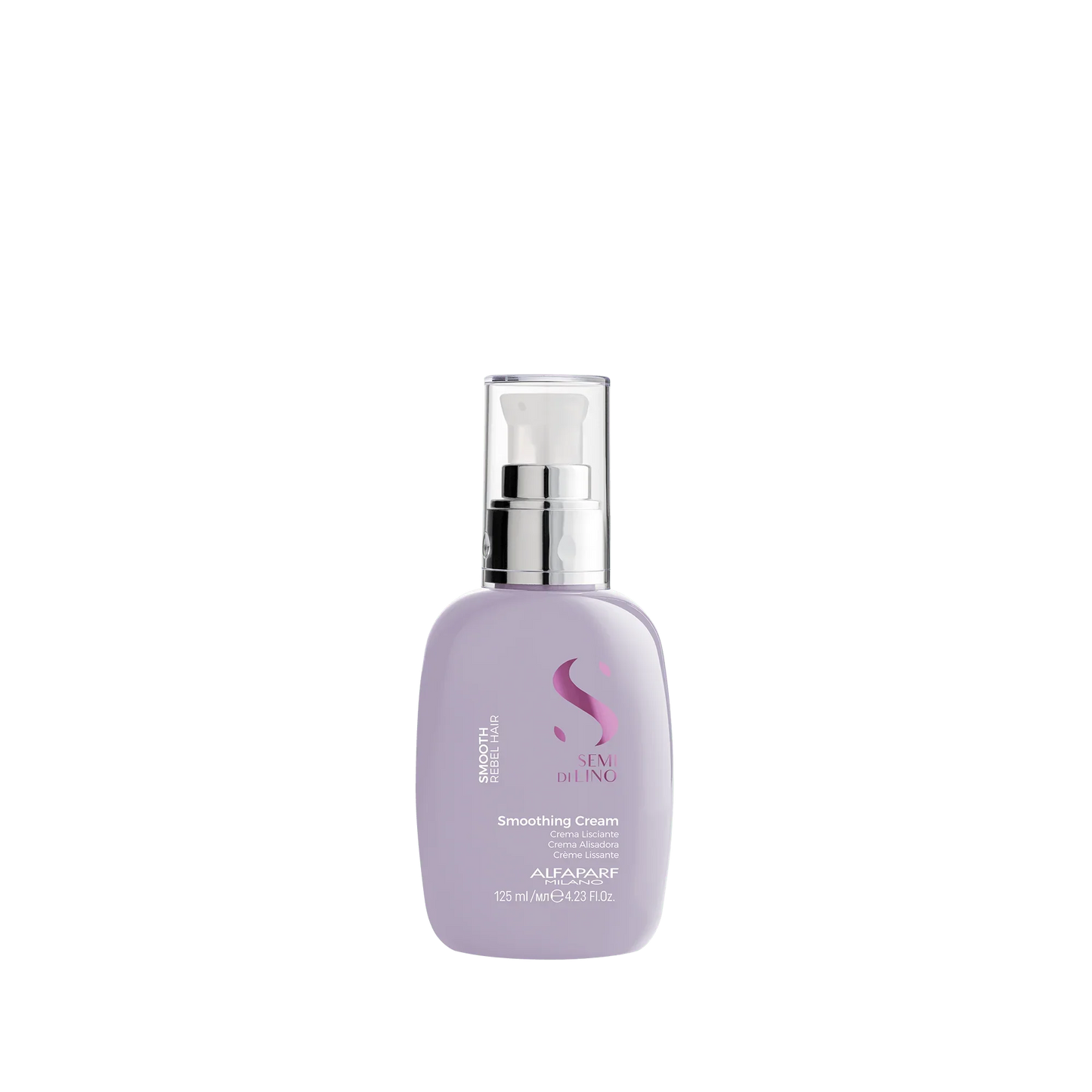 Semi Di Lino smoothing cream for frizzy hair in a lavender 125ml pump bottle