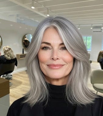 Elegant woman with silver layered hair and soft waves in a modern hair salon setting